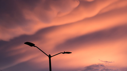 Obraz premium Light post silhouette in front of unbelievable cotton candy cloud sunset in the city