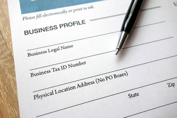 Business profile heading on loan application form and pen