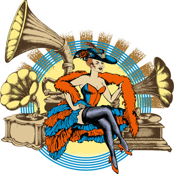 Burlesque dancer and gramophone. Engraved style. Vector illustration 