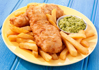 FISH AND CHIPS WITH MUSHY PEAS