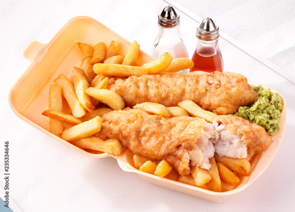 Canvas Prints TAKEAWAY FISH AND CHIPS WITH MUSHY PEAS