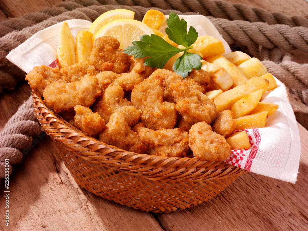 Wall mural basket of scampi and chips