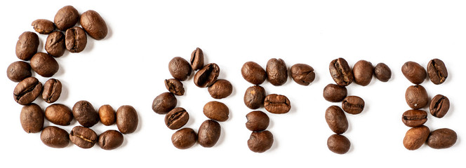 Coffe letters made from coffee beans isolated on white background