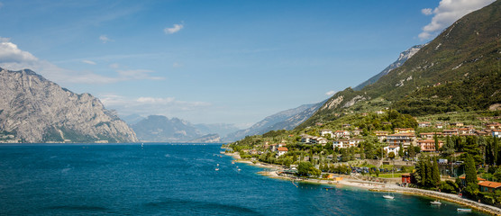 Obraz premium Town of Malcesine on Lago di Garda skyline view, Veneto region of Italy. Aerial view, top view