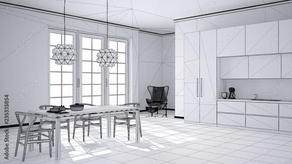 Wall mural unfinished project draft of classic white kitchen with wooden and beige details, dining table laid f