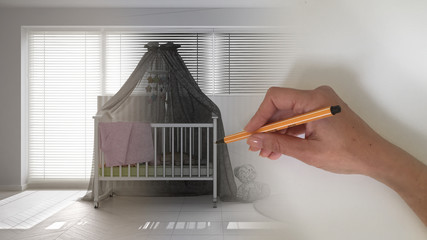 Architect interior designer concept: hand drawing a design interior project while the space becomes...