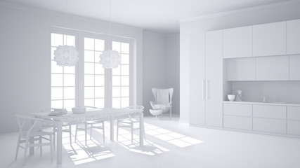 Total white project of classic white kitchen with wooden and beige details, dining table laid for two, with chairs and pendant lamps, minimalistic and modern interior design