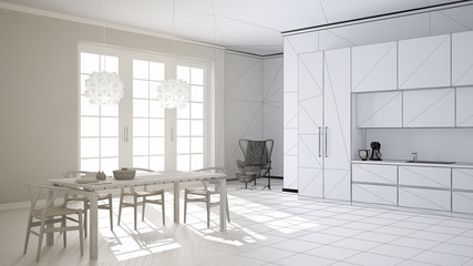 Unfinished project draft of classic white kitchen with wooden and beige details, dining table laid for two, with chairs and pendant lamps, minimalistic and modern interior design