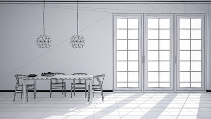 Unfinished project draft of classic white kitchen with wooden and beige details, dining table laid for two, with chairs and pendant lamps, minimalistic and modern interior design