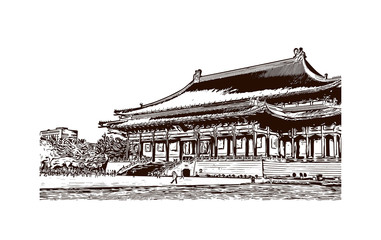 Gebäudeansicht mit Wahrzeichen von Taipei, der Hauptstadt von Taiwan, ist eine moderne Metropole. Handgezeichnete Skizzenillustration im Vektor.