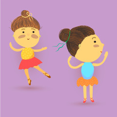 Greeting card  with cute funny little  ballerinas. Vector illustration.Concept children print. Hand drawn style.