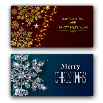 Merry Christmas and Happy New Year shiny greeting cards with snowflakes and lights