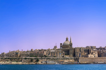 Fototapeta na wymiar Panoramic view at Valletta city from Sliema bay, Malta