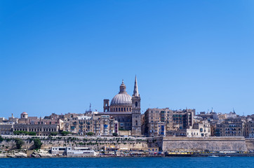 Fototapeta na wymiar Panoramic view at Valletta city from Sliema bay, Malta