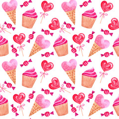 seamless watercolor pattern for Valentine's day with lollipops, ice creams and sweets. ideal for packaging paper, fabric, backgrounds, Wallpaper