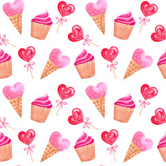 seamless watercolor pattern for Valentine's day with lollipops, ice creams and sweets. ideal for packaging paper, fabric, backgrounds, Wallpaper