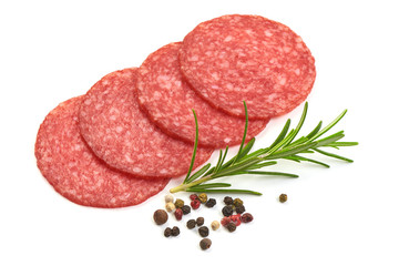 Smoked Meat Sausages with rosemary and peppercorns, isolated on a white background. Close-up