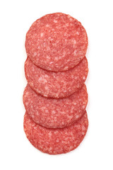 Salami smoked sausage slices, isolated on a white background. Top view