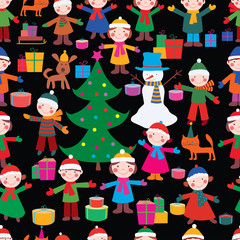 Obraz na płótnie Canvas Seamless background of joyful kids with christmas gifts