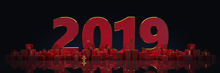 Gift box 2019 in dark background. 3d rendering