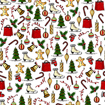 Colorful christmas seamless texture with the Christmas objects made in the hand painted style.