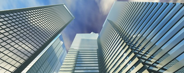 Fototapeta na wymiar Skyscrapers are a view from below, modern high-rise buildings against the sky, 3d rendering 