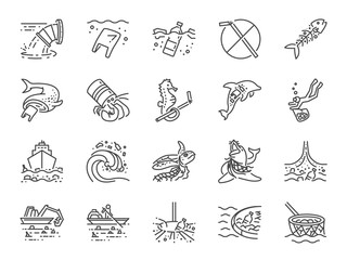 Marine pollution icon set. Included the icons as ocean trash, environment, junk, plastic, ocean cleaning and more. © antto
