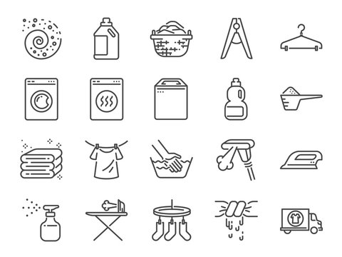 Laundry Icon Set. Included The Icons As Detergent, Washing Machine, Fresh, Clean, Iron And More.