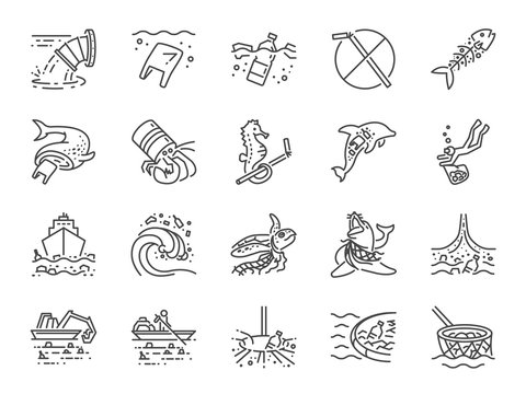 Marine pollution icon set. Included the icons as ocean trash, environment, junk, plastic, ocean cleaning and more.