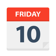 Friday 10 - Calendar Icon. Vector illustration of week day paper leaf.