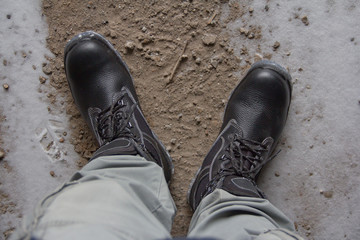 Work boots. New work boots. new leather boots on the ground