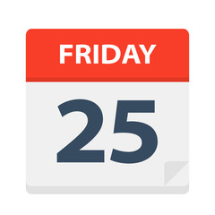Friday 25 - Calendar Icon. Vector illustration of week day paper leaf.