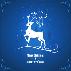 New Year and Christmas greeting card with reindeer and snowflakes on the dark blue background. Vector illustration.