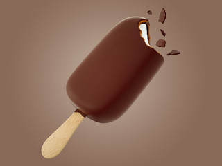 bitten dark chocolate ice cream candy on wooden stick, 3d illustration