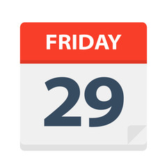 Friday 29 - Calendar Icon. Vector illustration of week day paper leaf.
