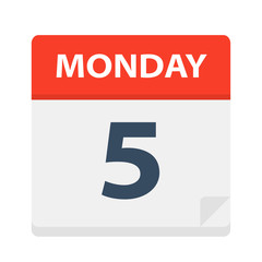 Monday 5 - Calendar Icon. Vector illustration of week day paper leaf.