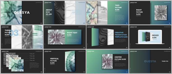 Minimal presentations design, portfolio vector templates with elements on black background. Multipurpose template for presentation slide, flyer leaflet, brochure cover, report, marketing, advertising.