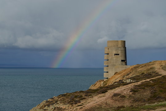 Les Landes, Jersey, U.K.
WW2 German bunker with rainbow over the sea in Autumn.
