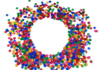 Colorful confetti scattered on white background. Place for text. Copy space.