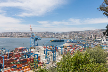 The busy cargo seaport in South America in Valparaiso, Chile. It is the most important seaport in Chile.