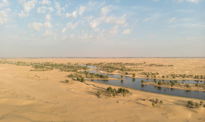 Fototapeta na wymiar Aerial view of Al Qudra Lakes in a desert near Dubai