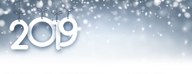 Abstract silver 2019 New Year banner with snow.