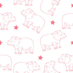 Seamless childish pattern with hippos and stars in pink and white style. 