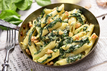 Penne pasta witch chicken and zucchini in cheese sauce