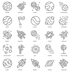 25 linear icons related to Space ship, Saturn, Rocket, Moon, Met