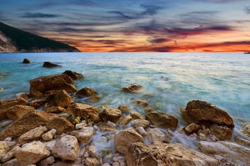 Fototapeta na wymiar Sunset at mediterranean sea - long exposure photo