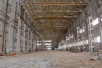 Reconstruction. Dismantling of the building. Building reconstruction. Factory floor.