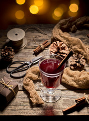 Hot tasty spicy mulled red wine with cinnamon