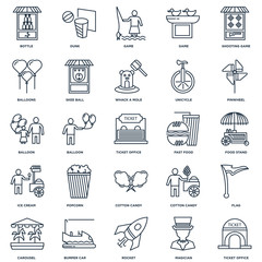 Set Of 25 outline icons such as Ticket office, Magician, Rocket,