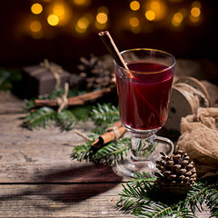 Hot tasty spicy mulled red wine with cinnamon